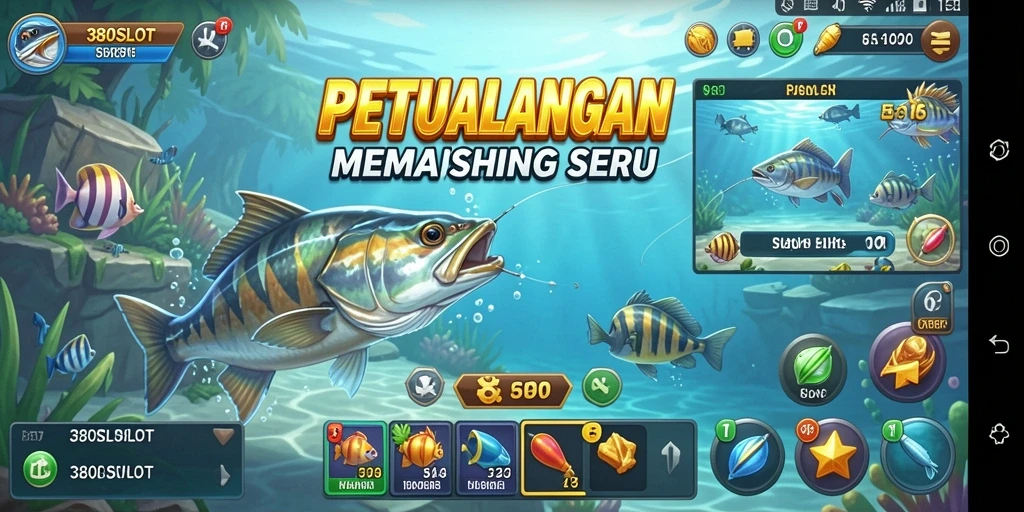 Screenshot gameplay 380SLOT yang menampilkan aksi memancing seru dan pemandangan bawah laut.