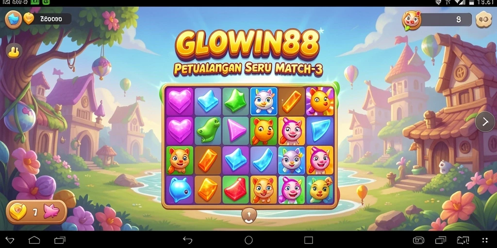 Tampilan gameplay seru GLOWIN88, penuh warna dan tantangan Match-3.