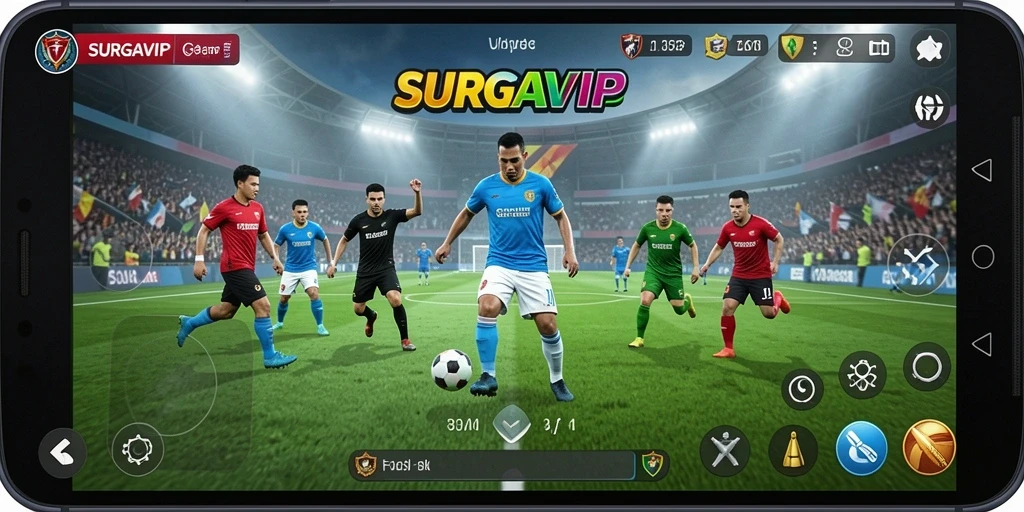Screenshot gameplay SURGAVIP menampilkan aksi seru sepak bola.