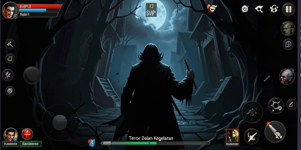 Screenshot gameplay SVIP13 menampilkan suasana menyeramkan dengan makhluk hantu yang mengintai.